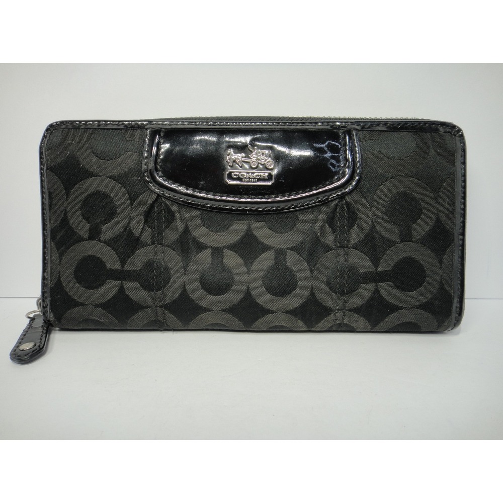Coach Madison Op Art Slim Accordion Wallet Black Signature Jacquard Zip Around